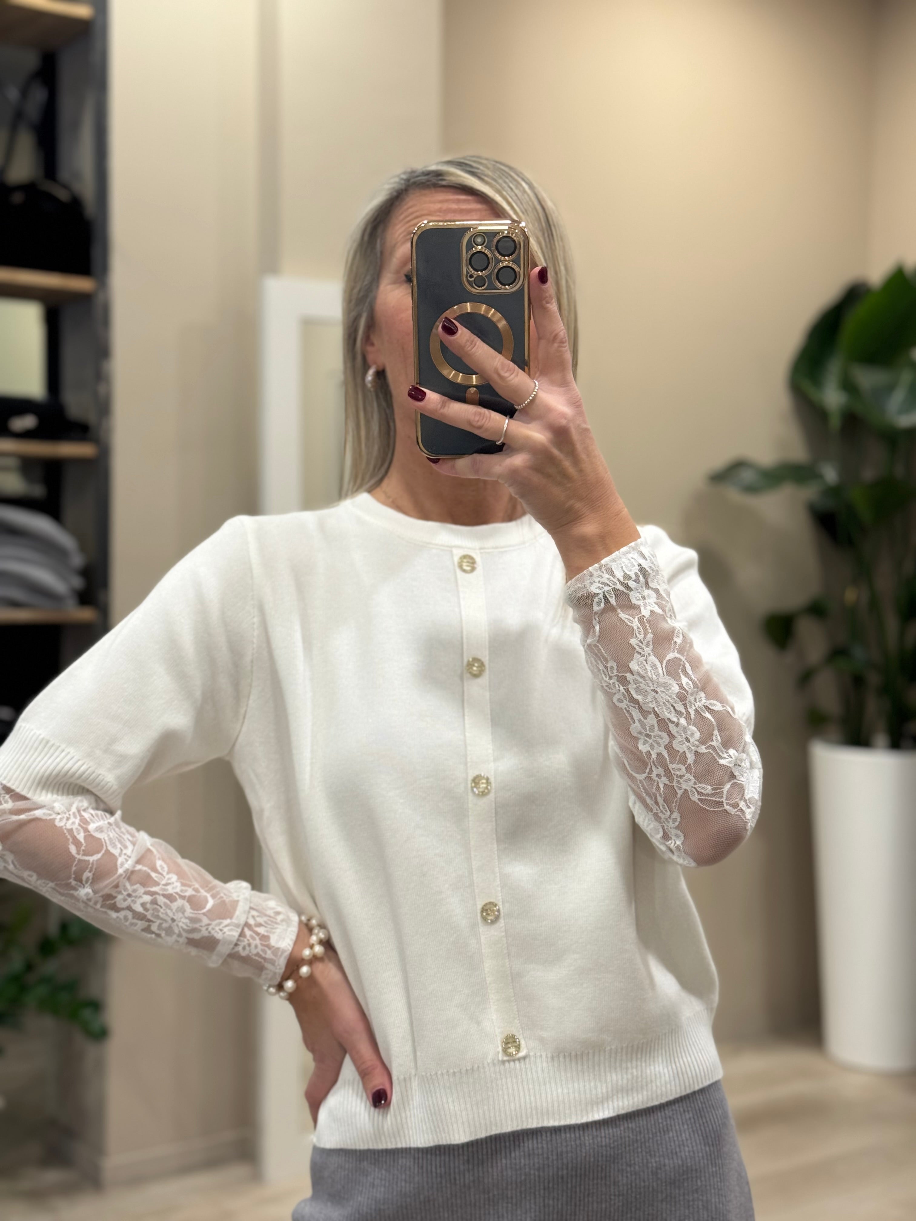 Maglia effetto cardigan manica pizzo
