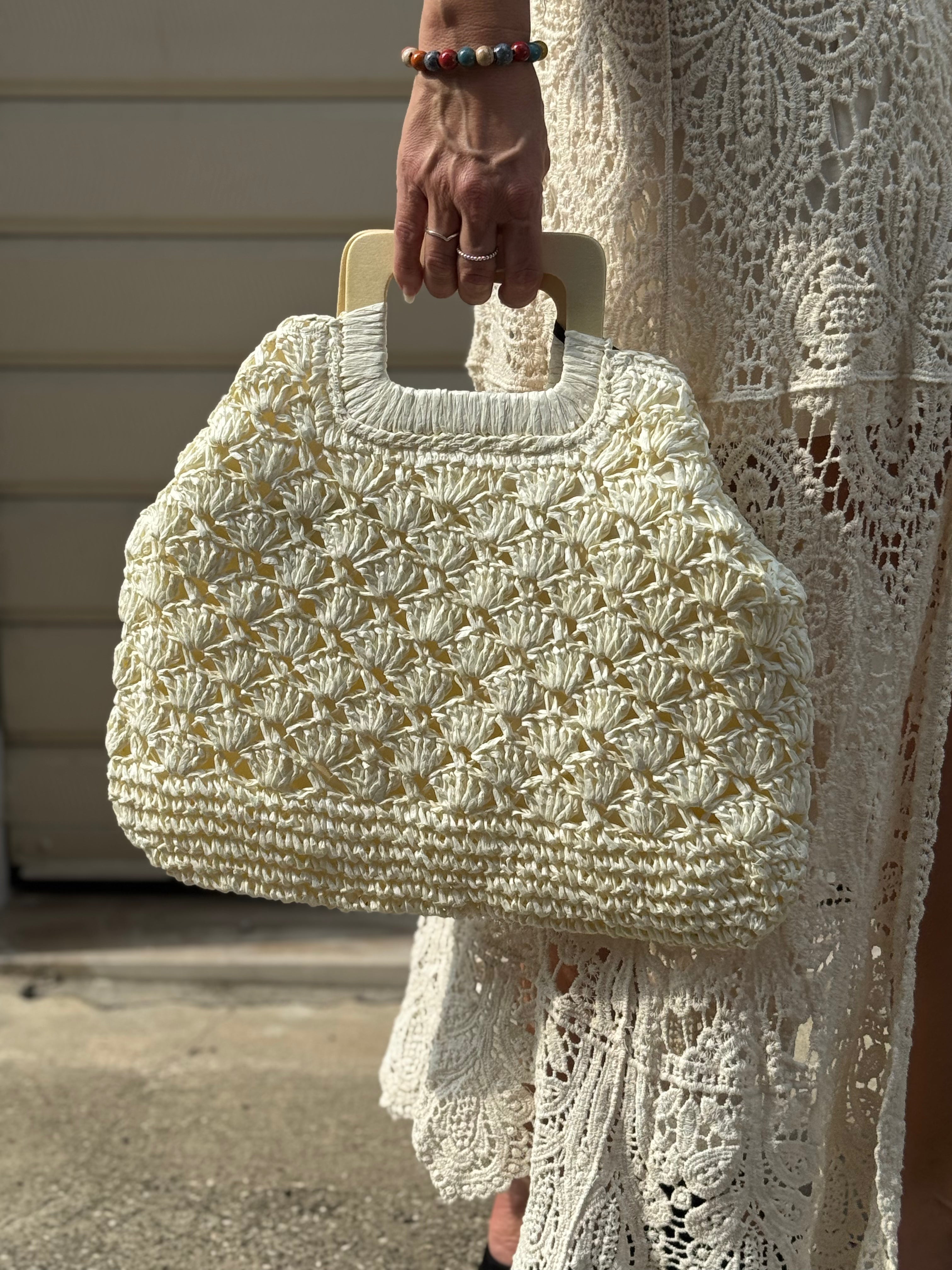 Borsa Raffia Manico Legno