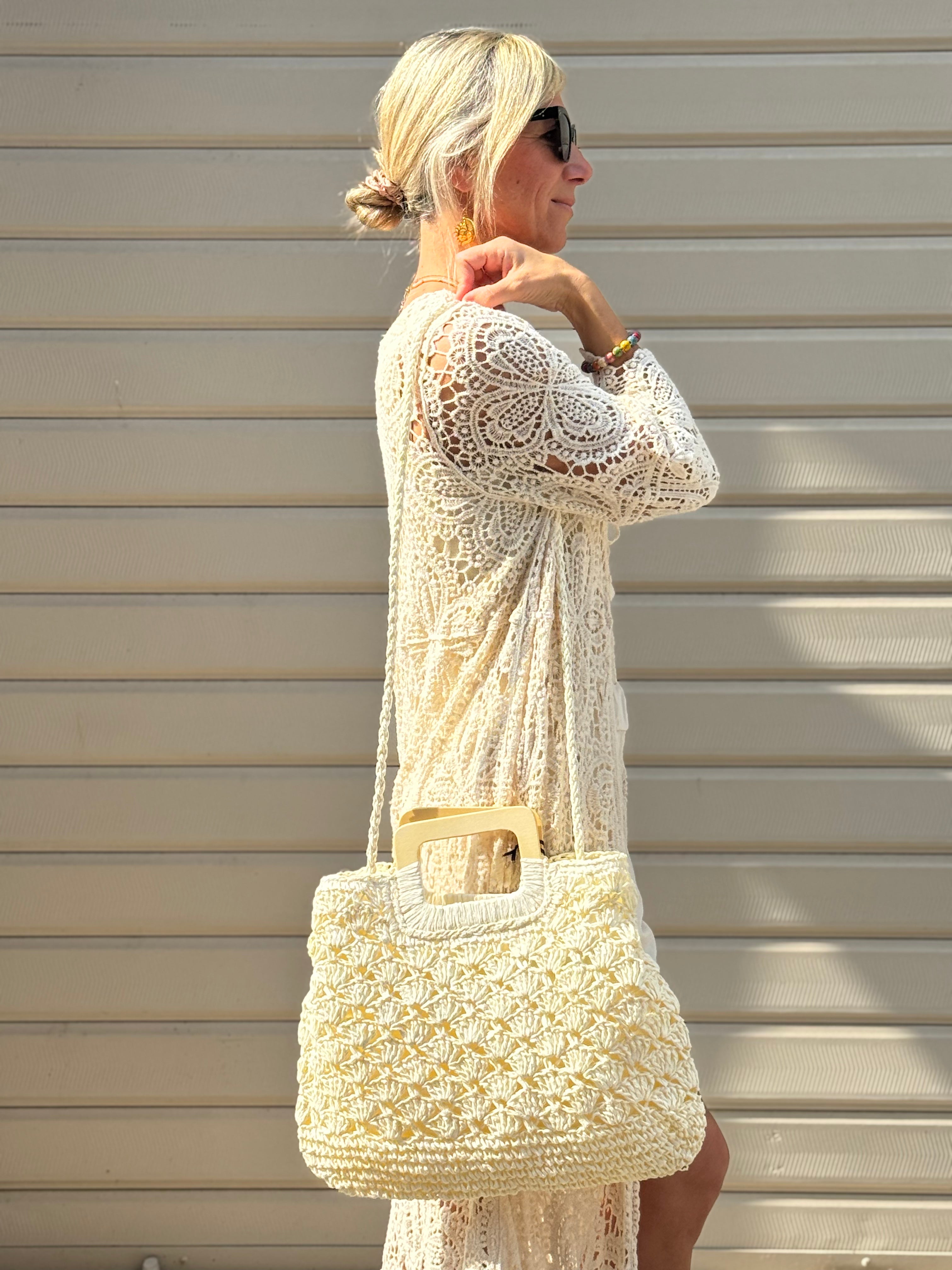 Borsa Raffia Manico Legno
