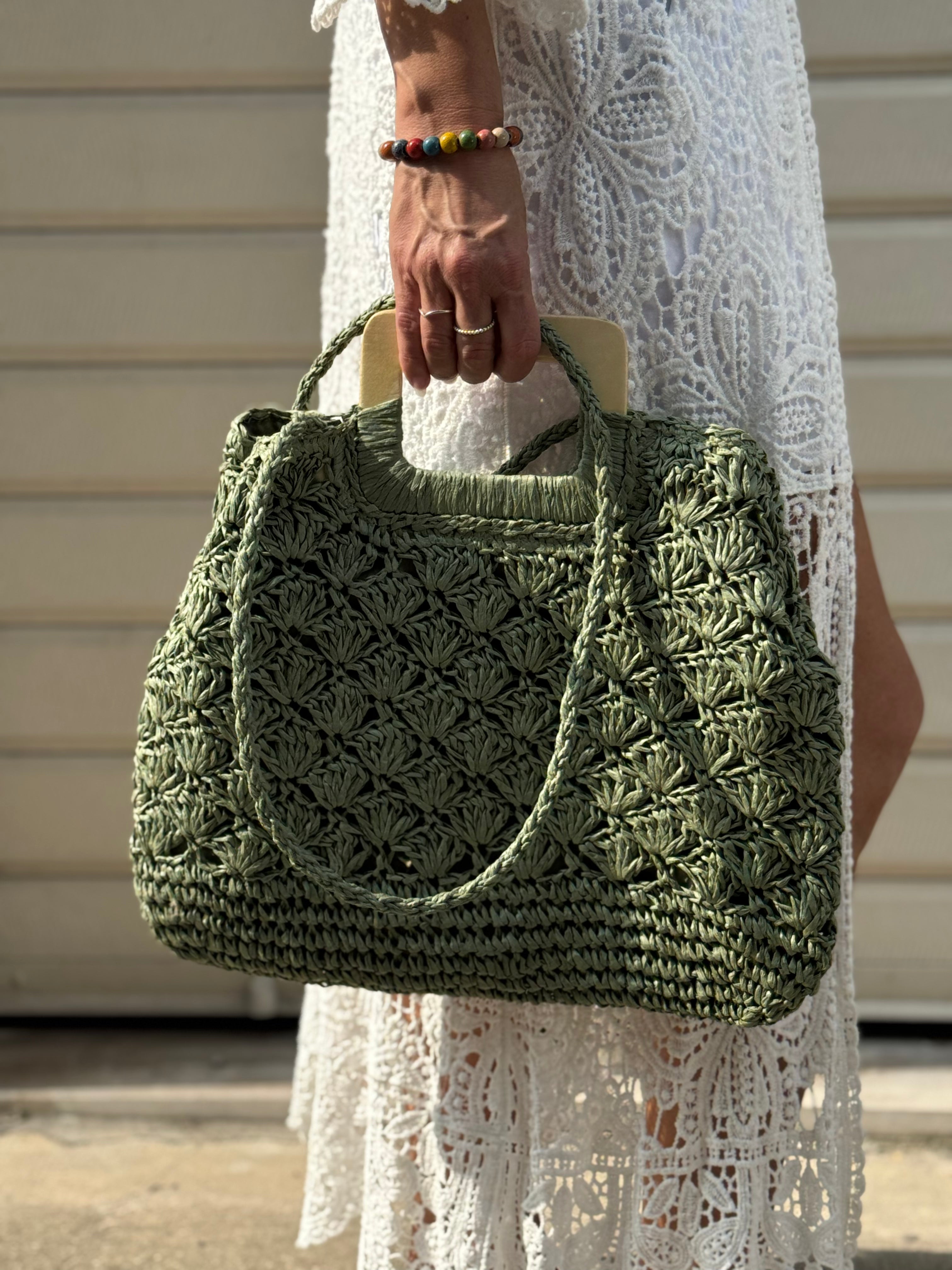 Borsa Raffia Manico Legno