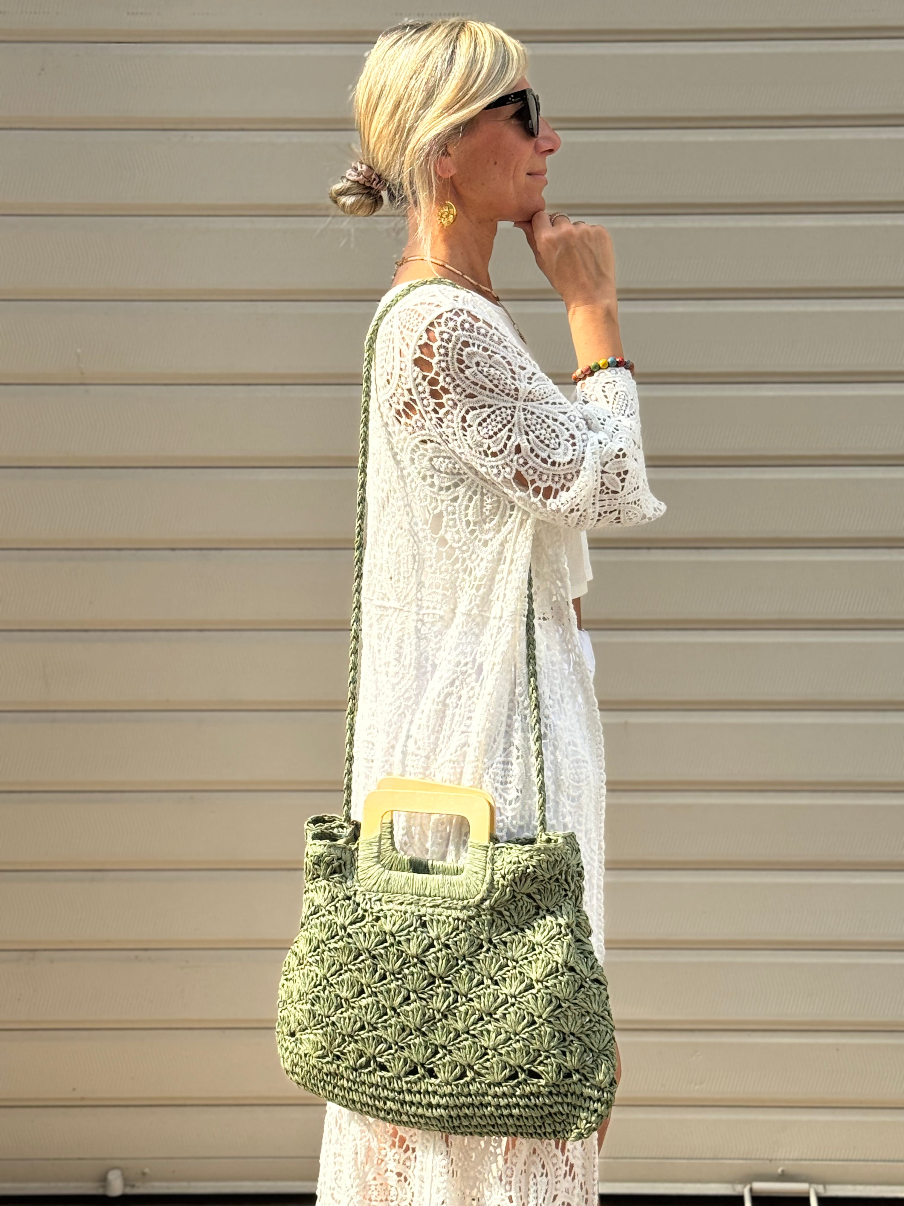 Borsa Raffia Manico Legno