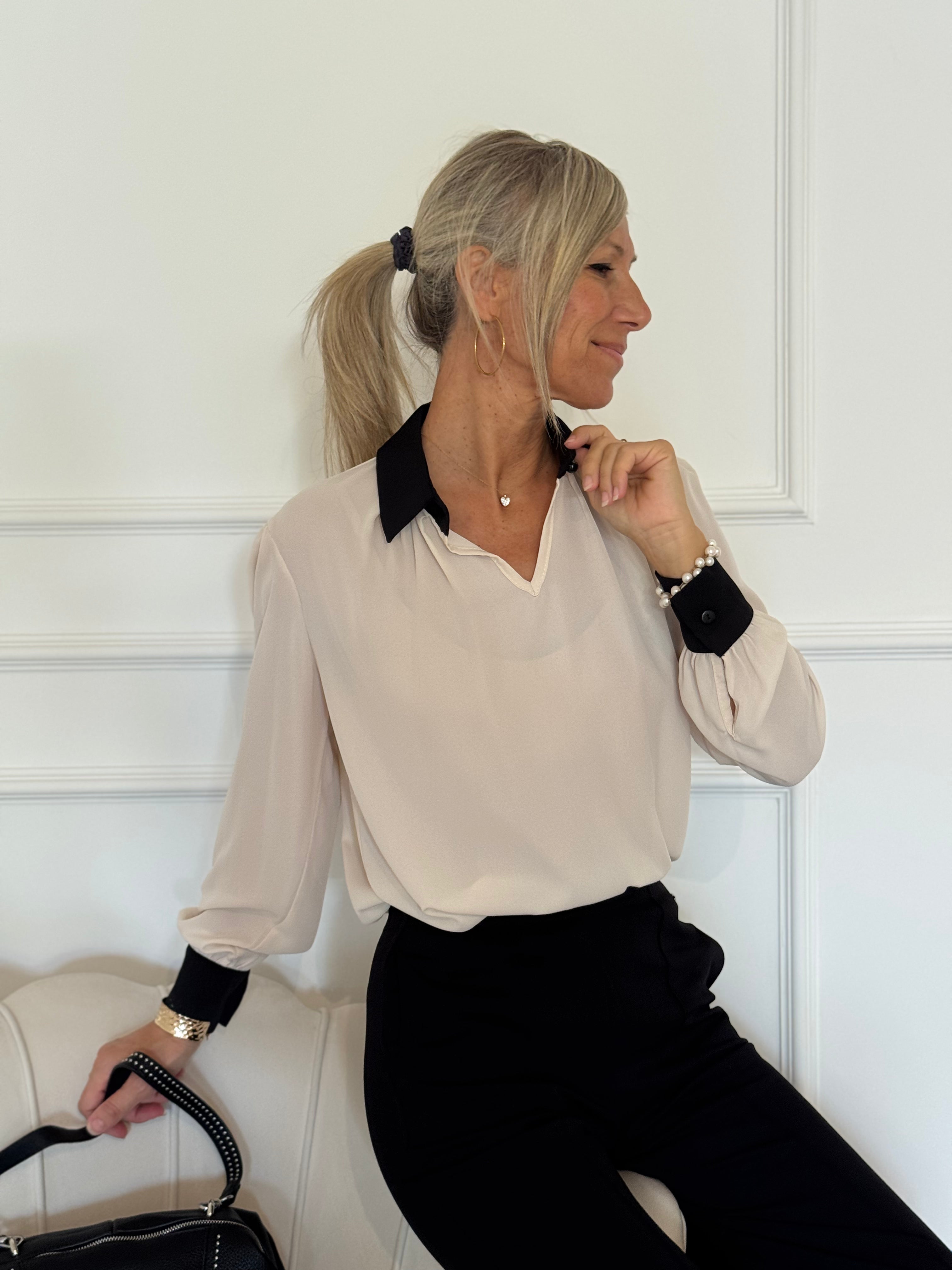 Blusa colletto e polsini a contrasto mimì