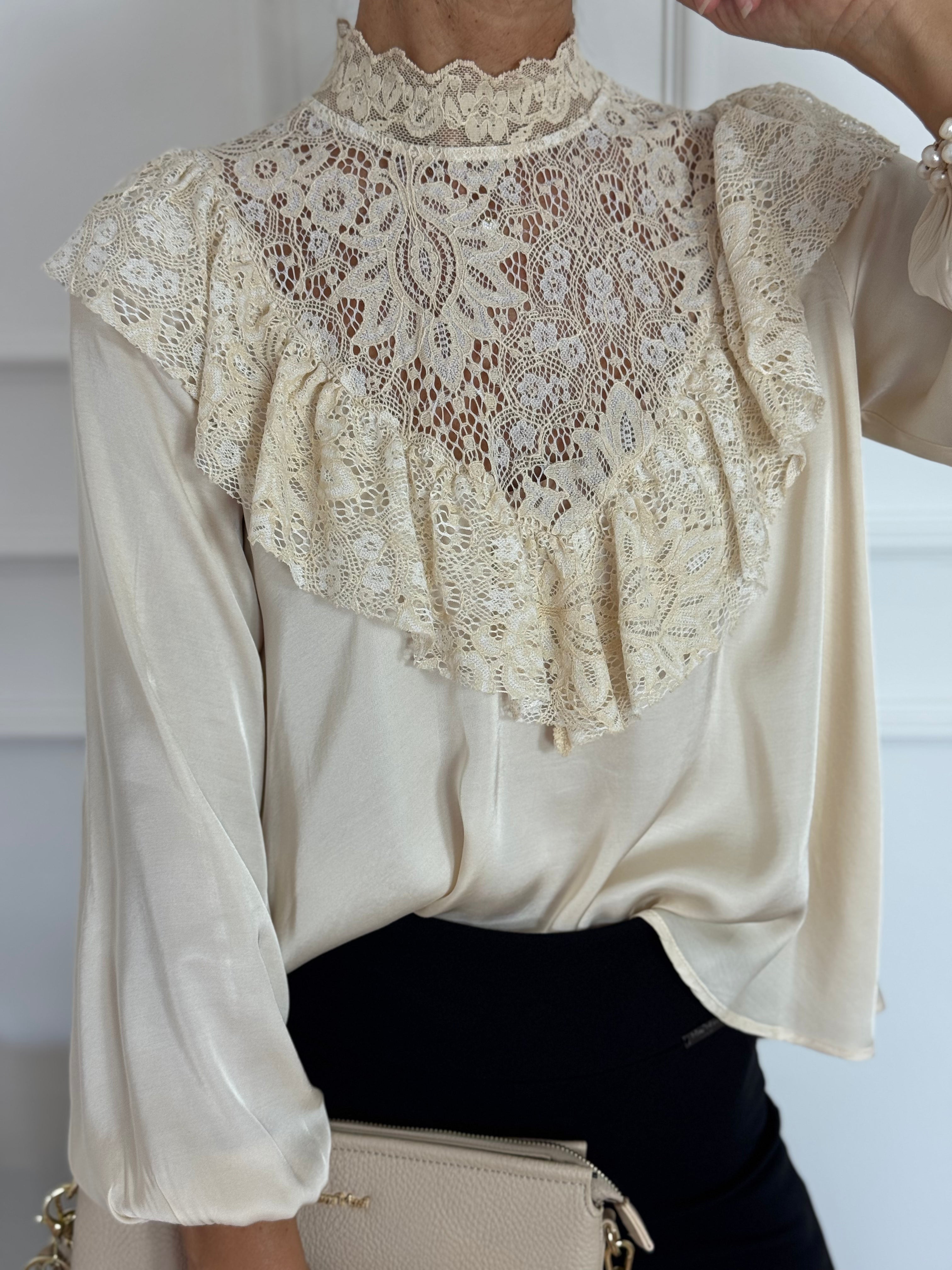 Blusa volant raso pizzo mimì