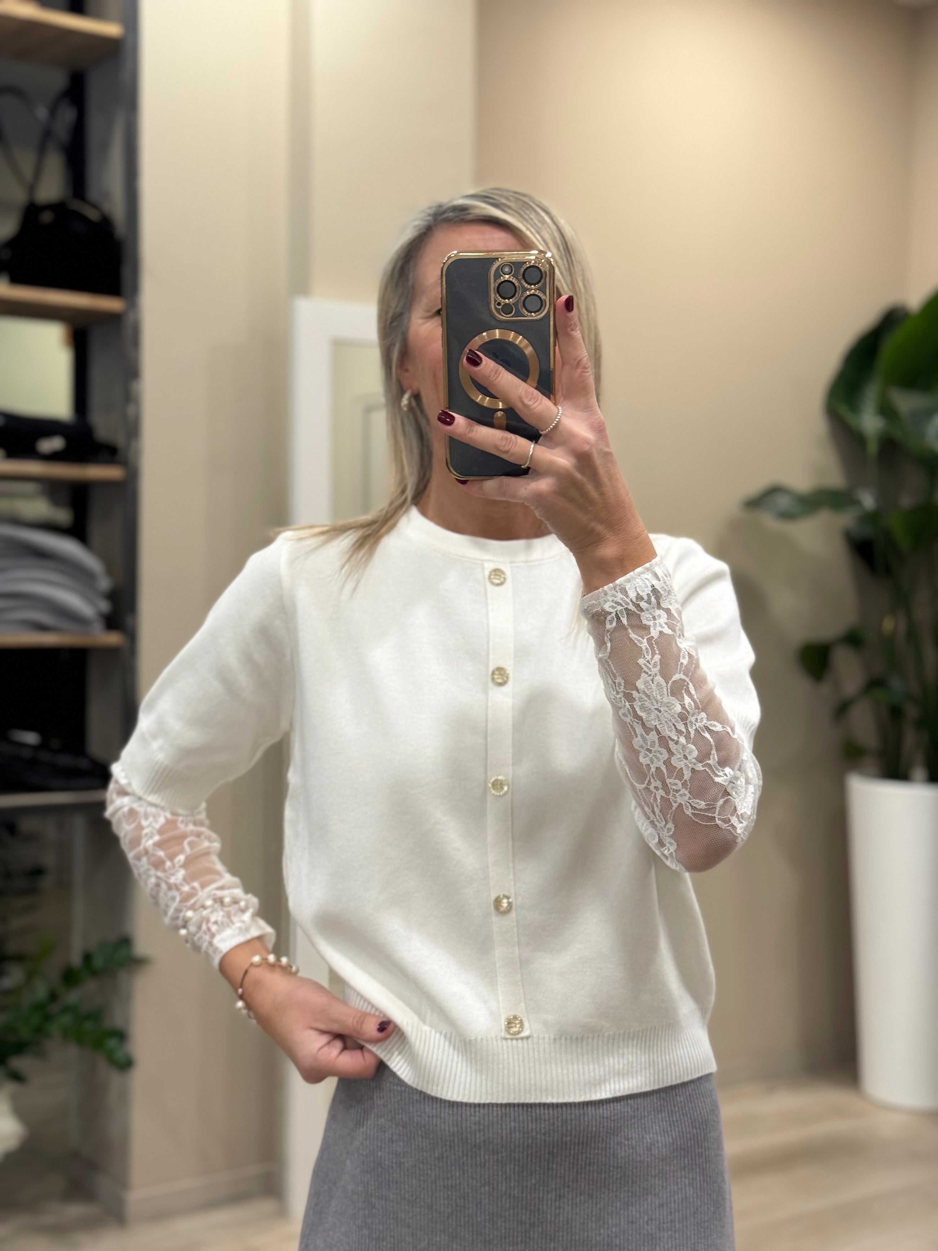 Maglia effetto cardigan manica pizzo