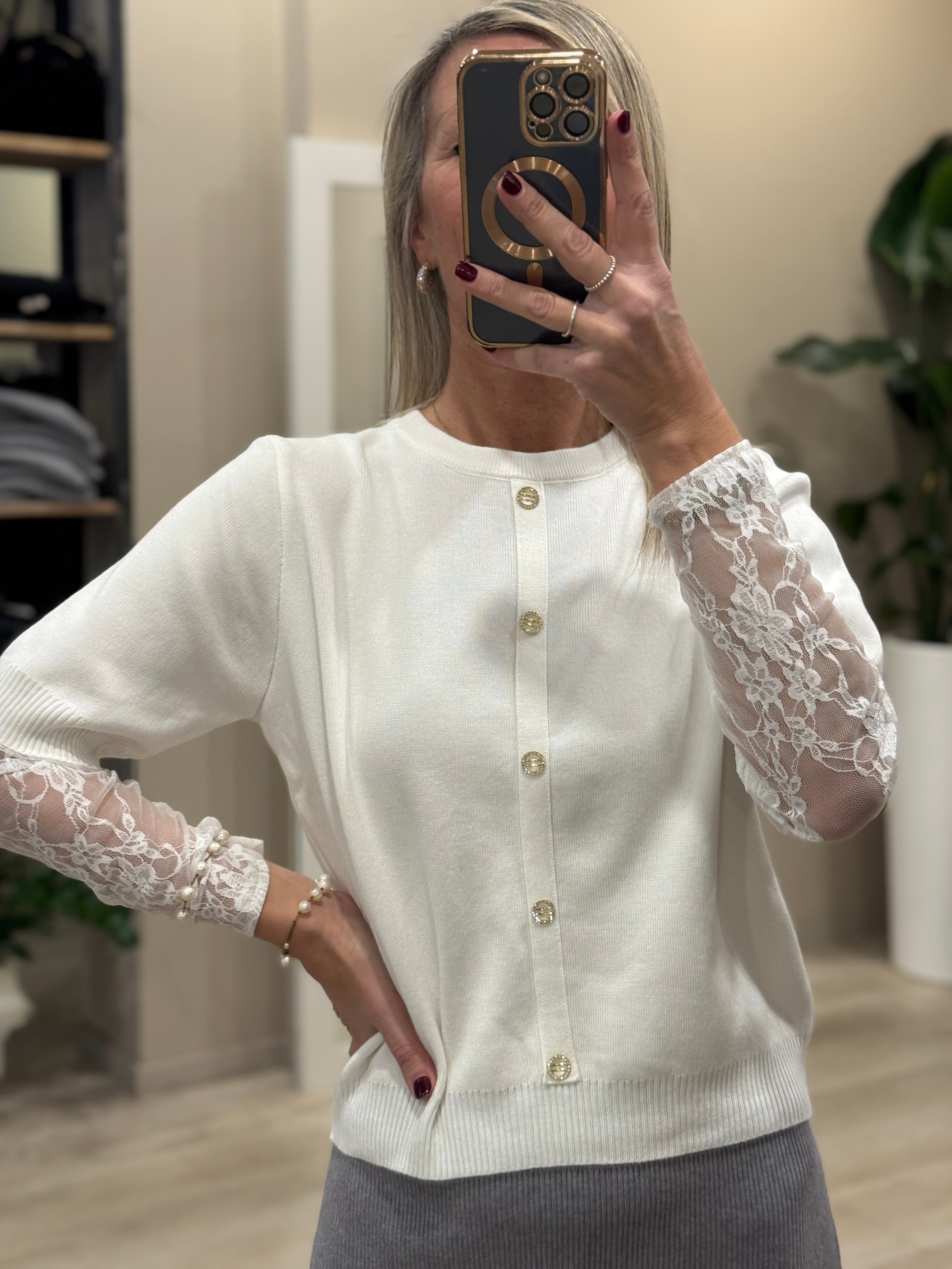 Maglia effetto cardigan manica pizzo