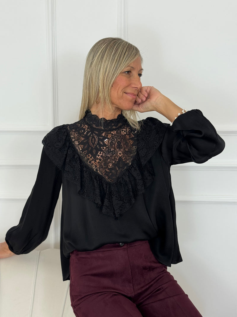 Blusa volant raso pizzo mimì