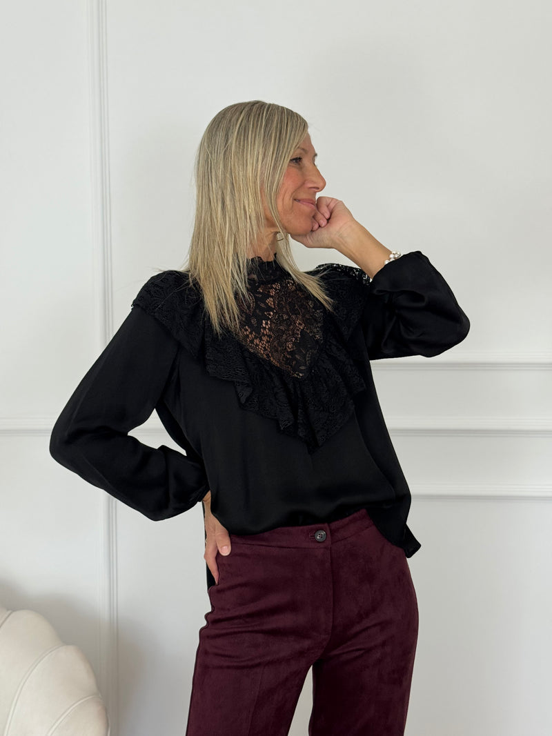 Blusa volant raso pizzo mimì
