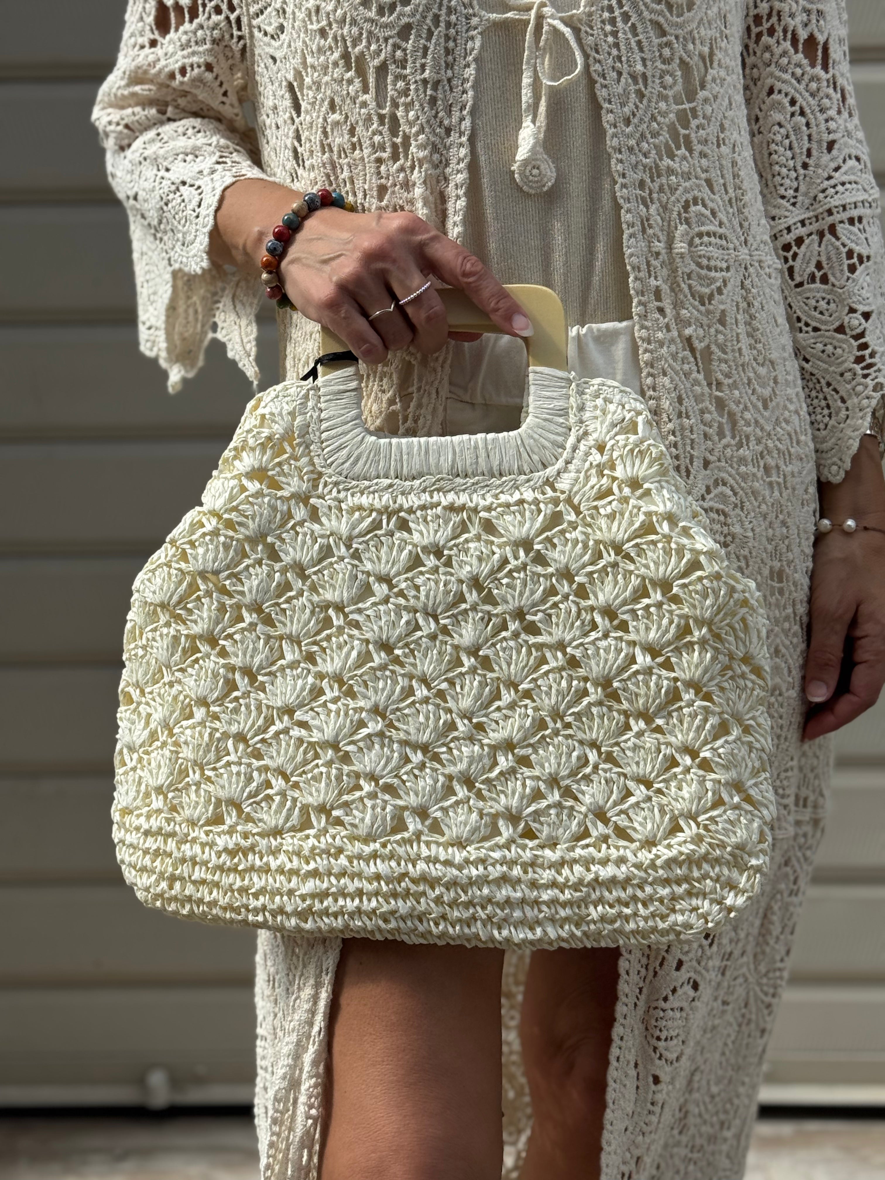 Borsa Raffia Manico Legno
