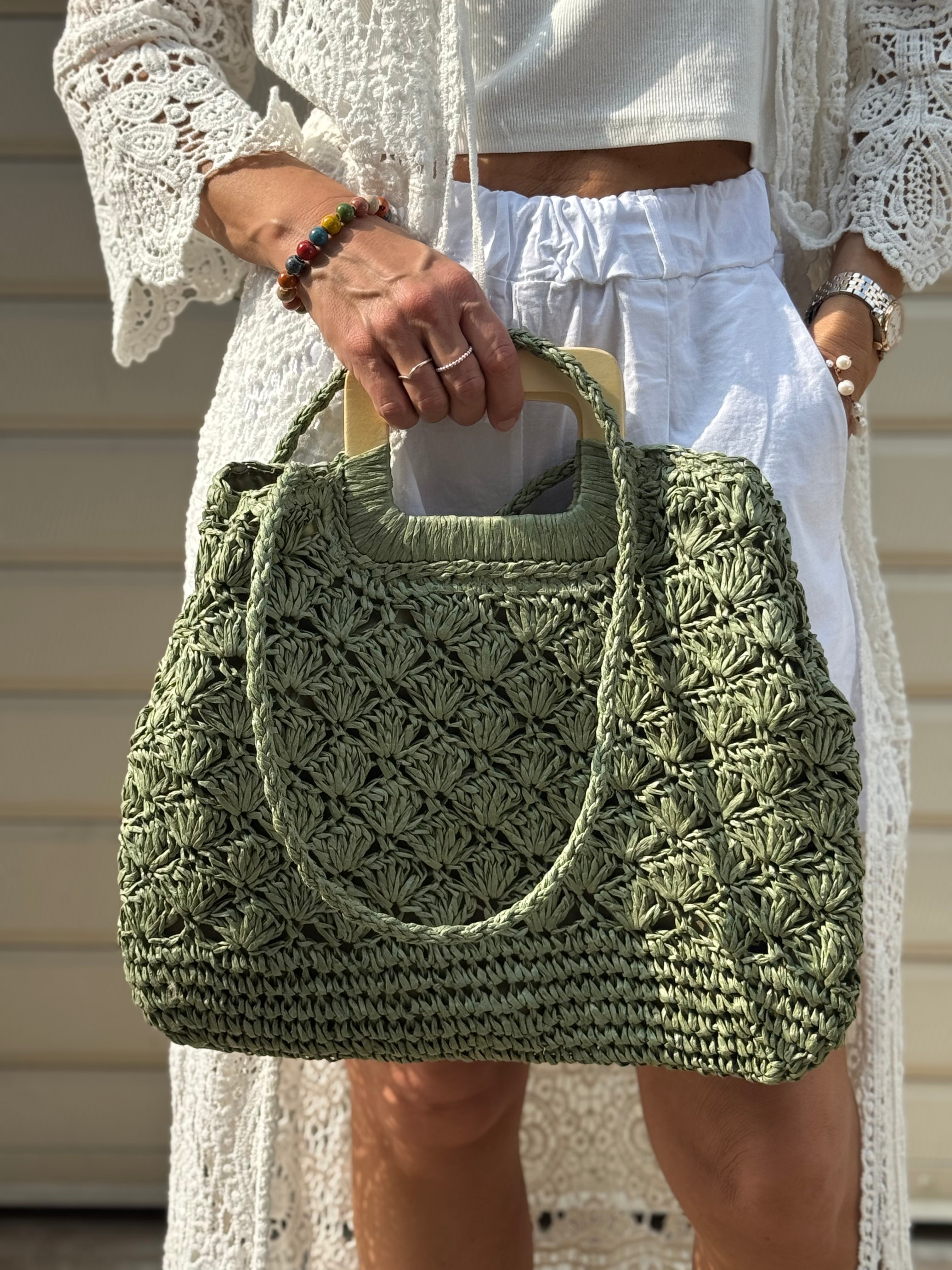Borsa Raffia Manico Legno