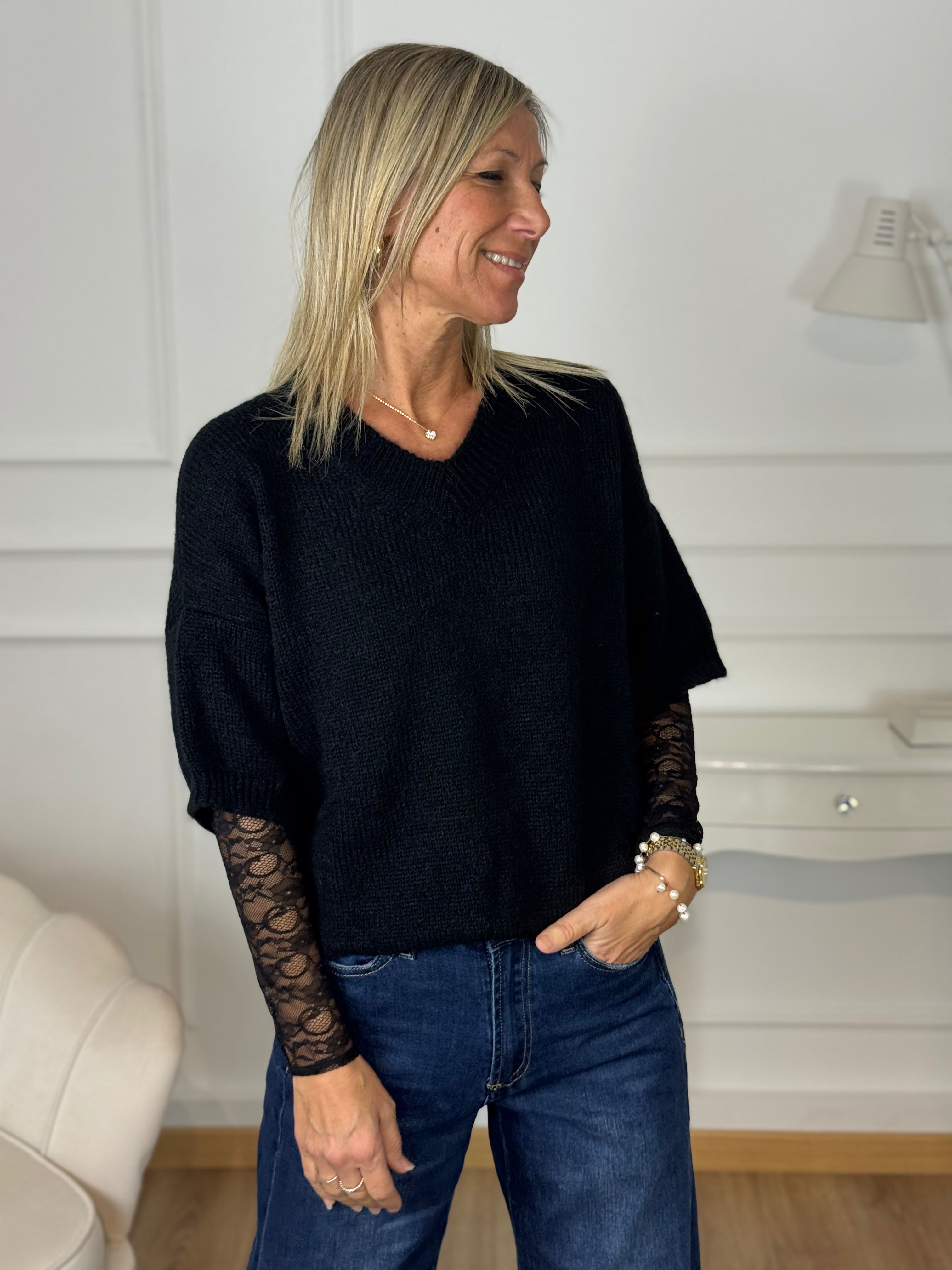 Maglia scollo v maniche pizzo kontatto