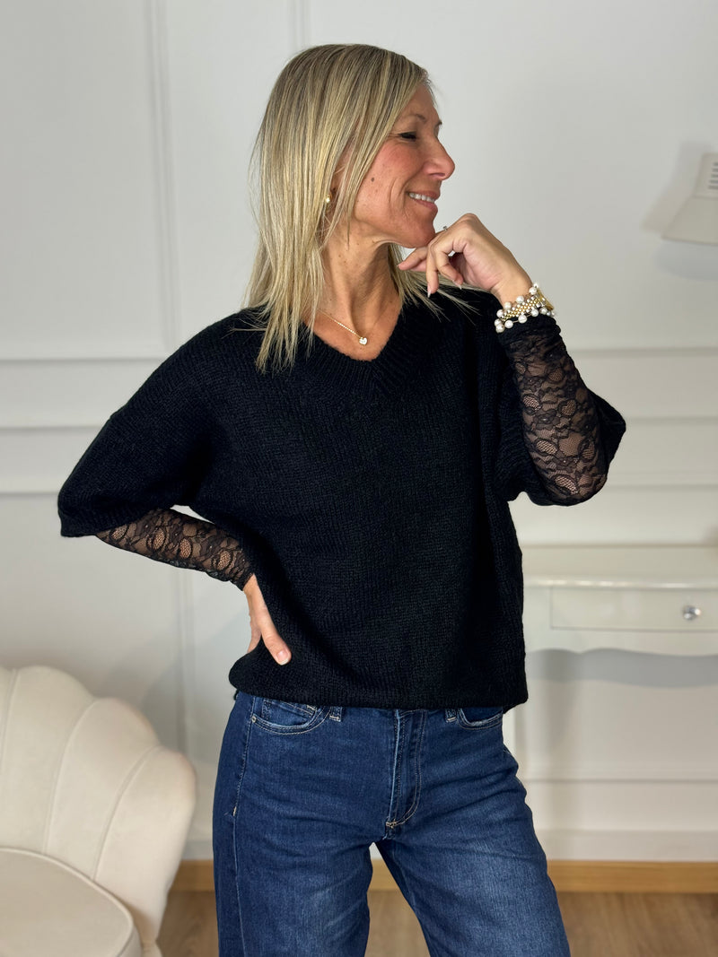 Maglia scollo v maniche pizzo kontatto
