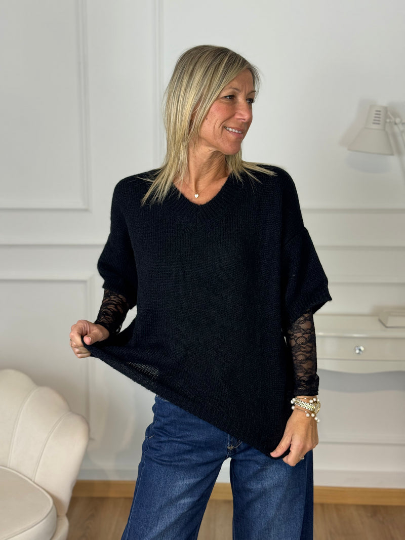 Maglia scollo v maniche pizzo kontatto