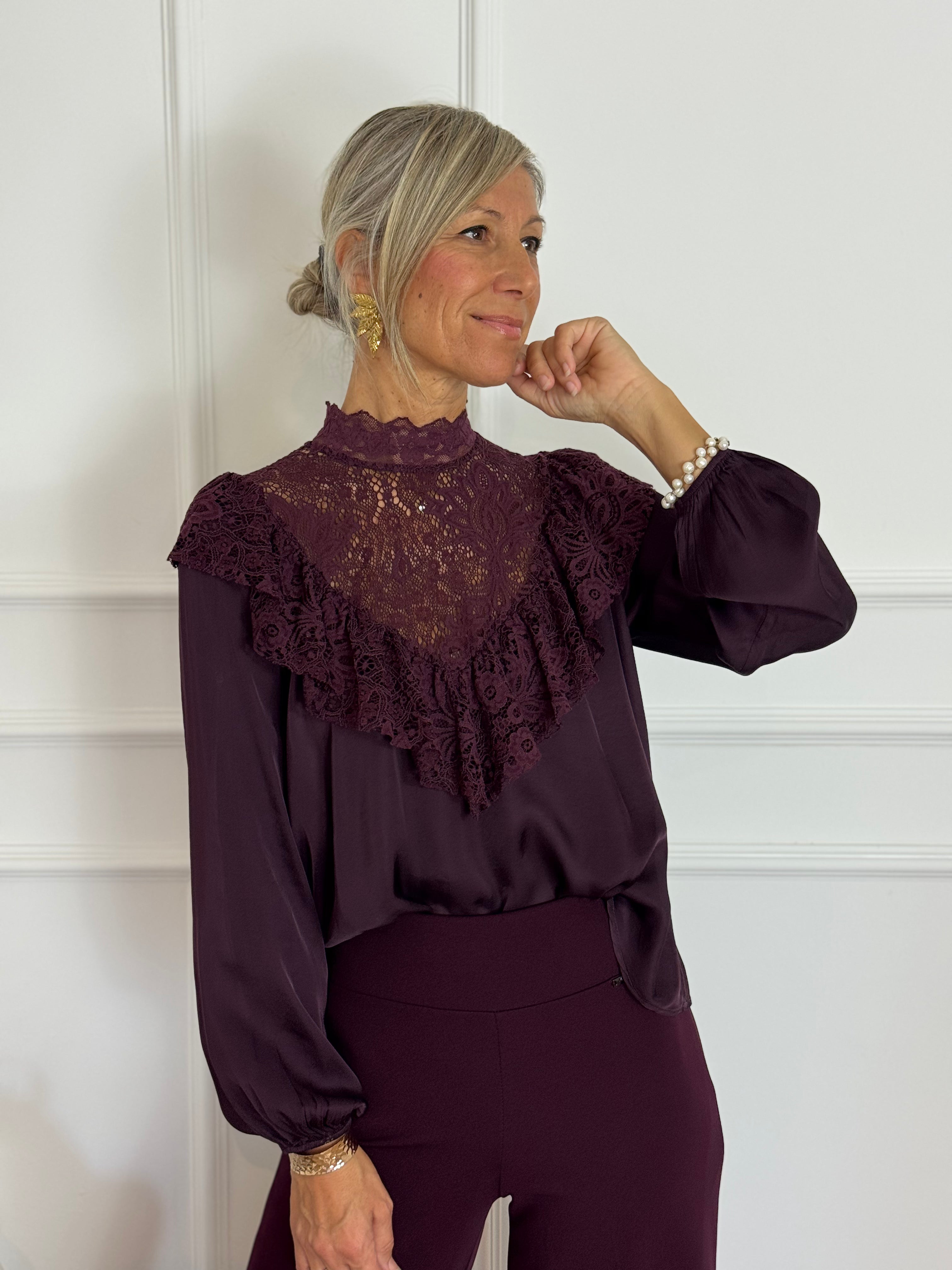 Blusa volant raso pizzo mimì