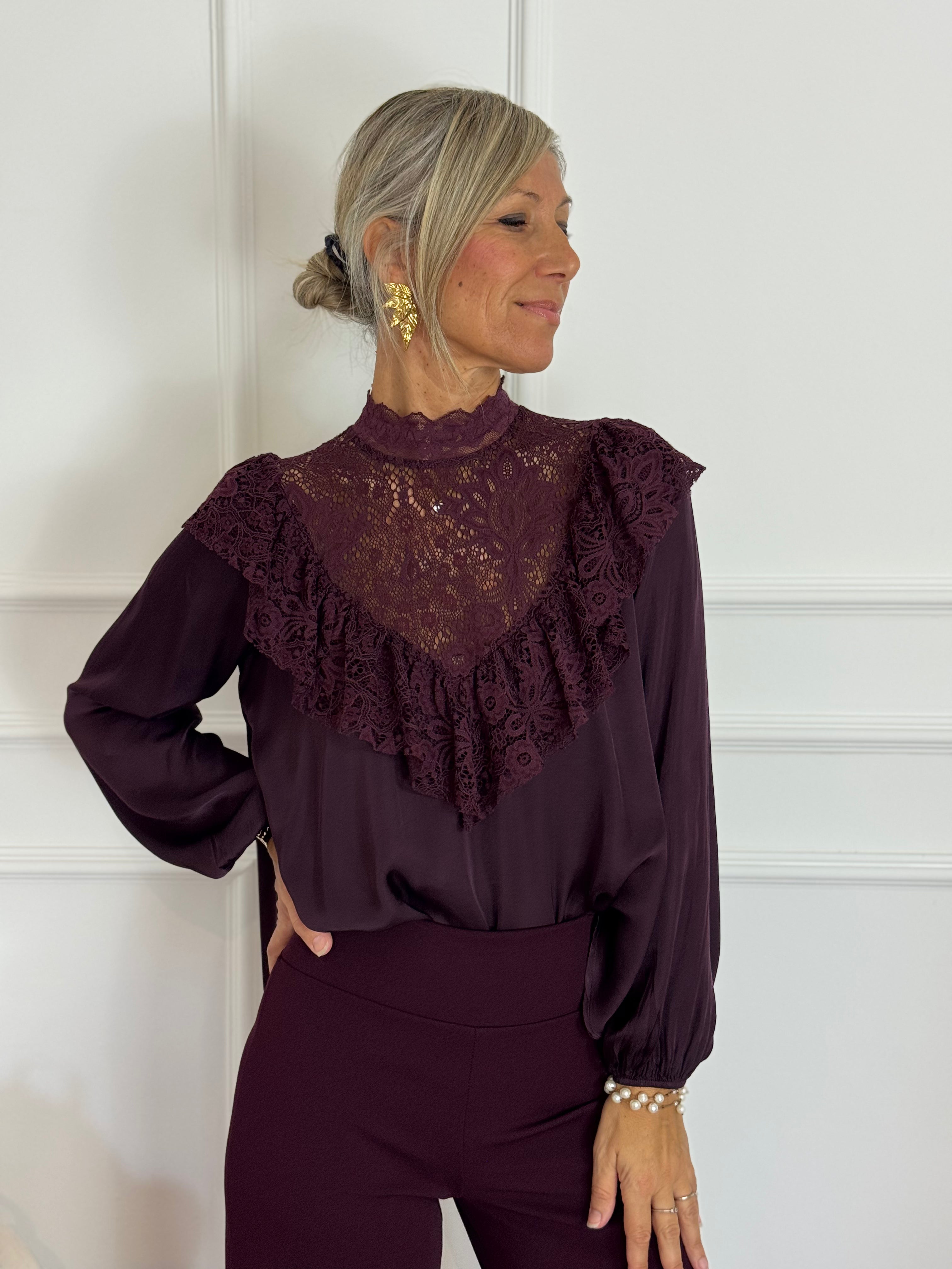 Blusa volant raso pizzo mimì
