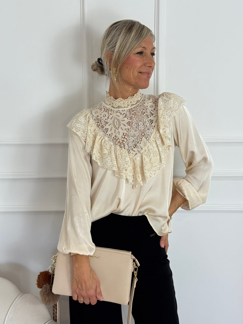 Blusa volant raso pizzo mimì