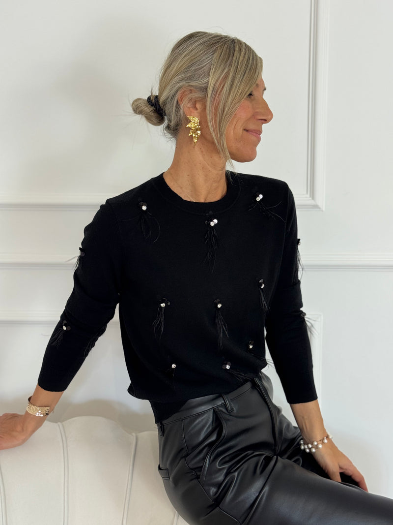 Maglia girocollo piume e strass mimì