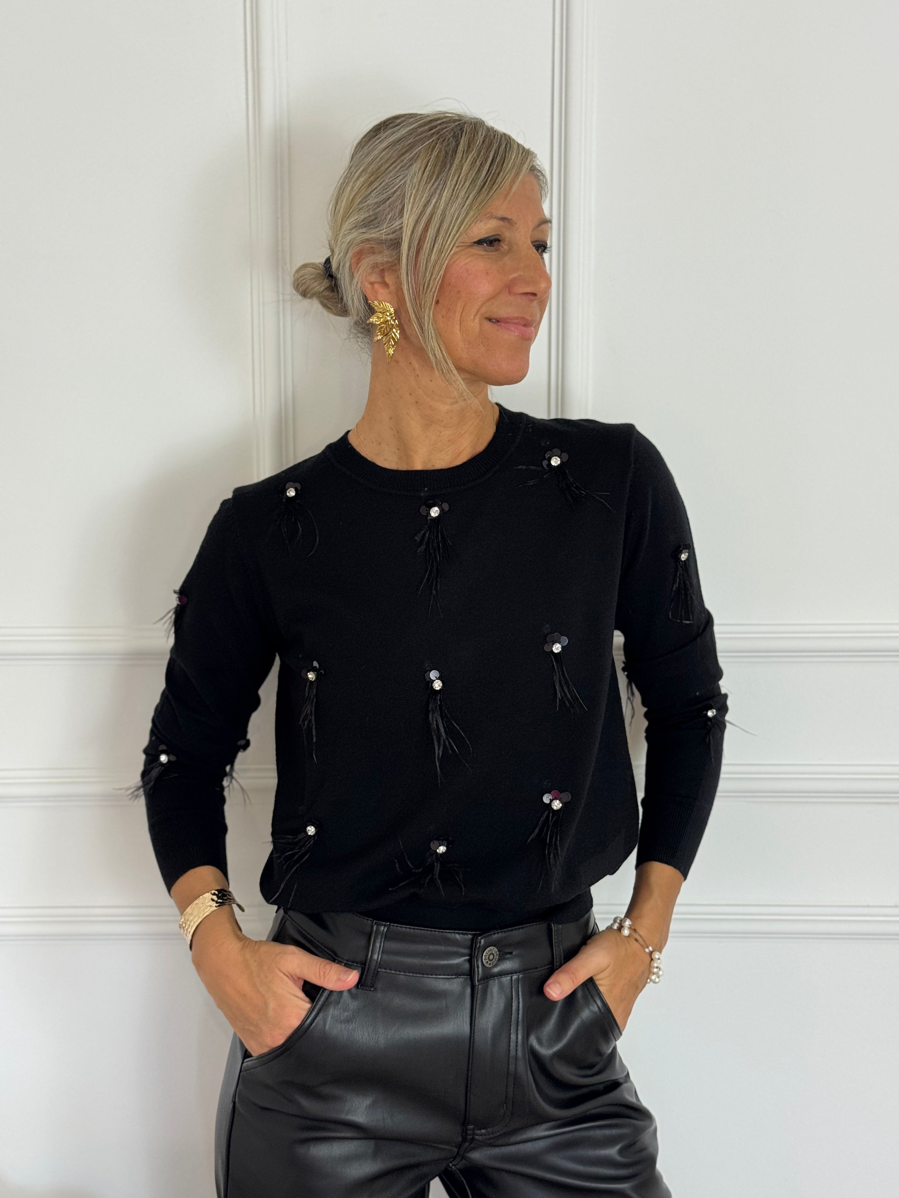Maglia girocollo piume e strass mimì