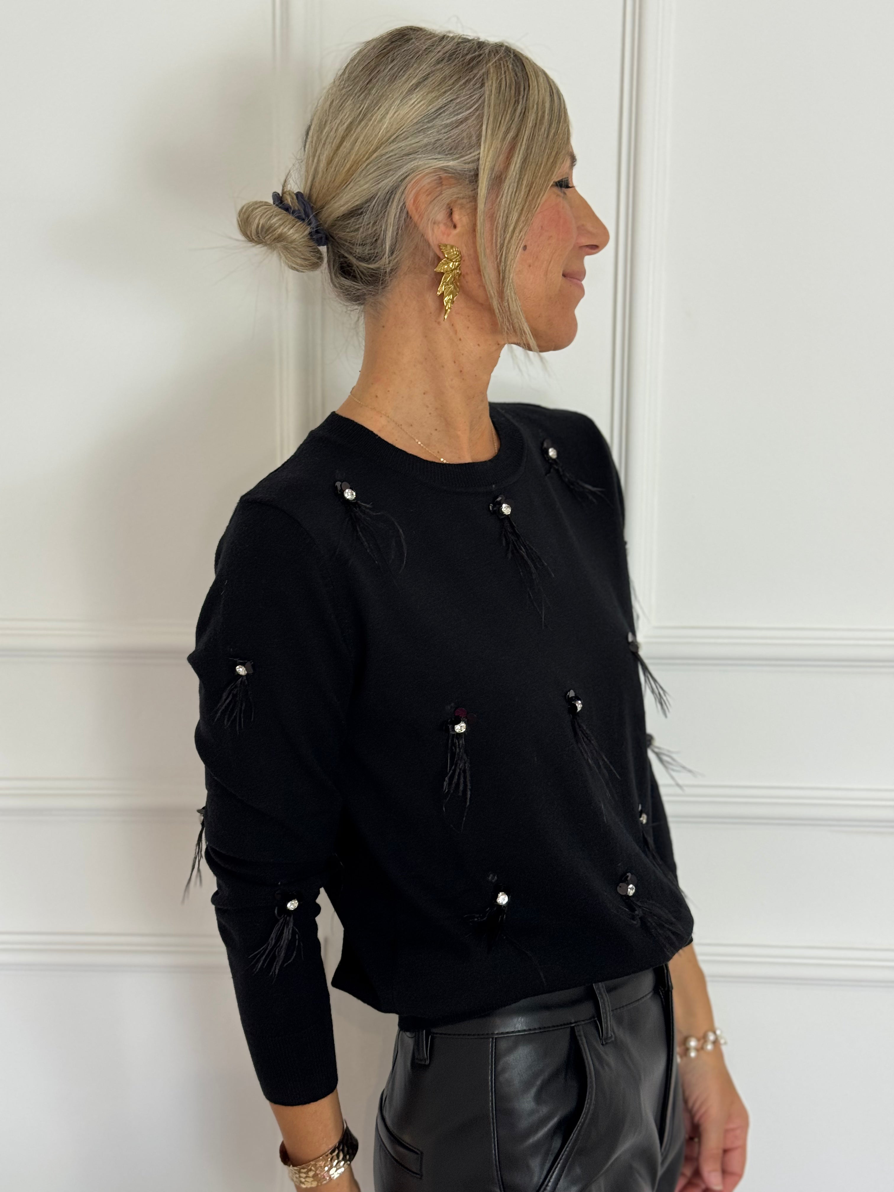 Maglia girocollo piume e strass mimì