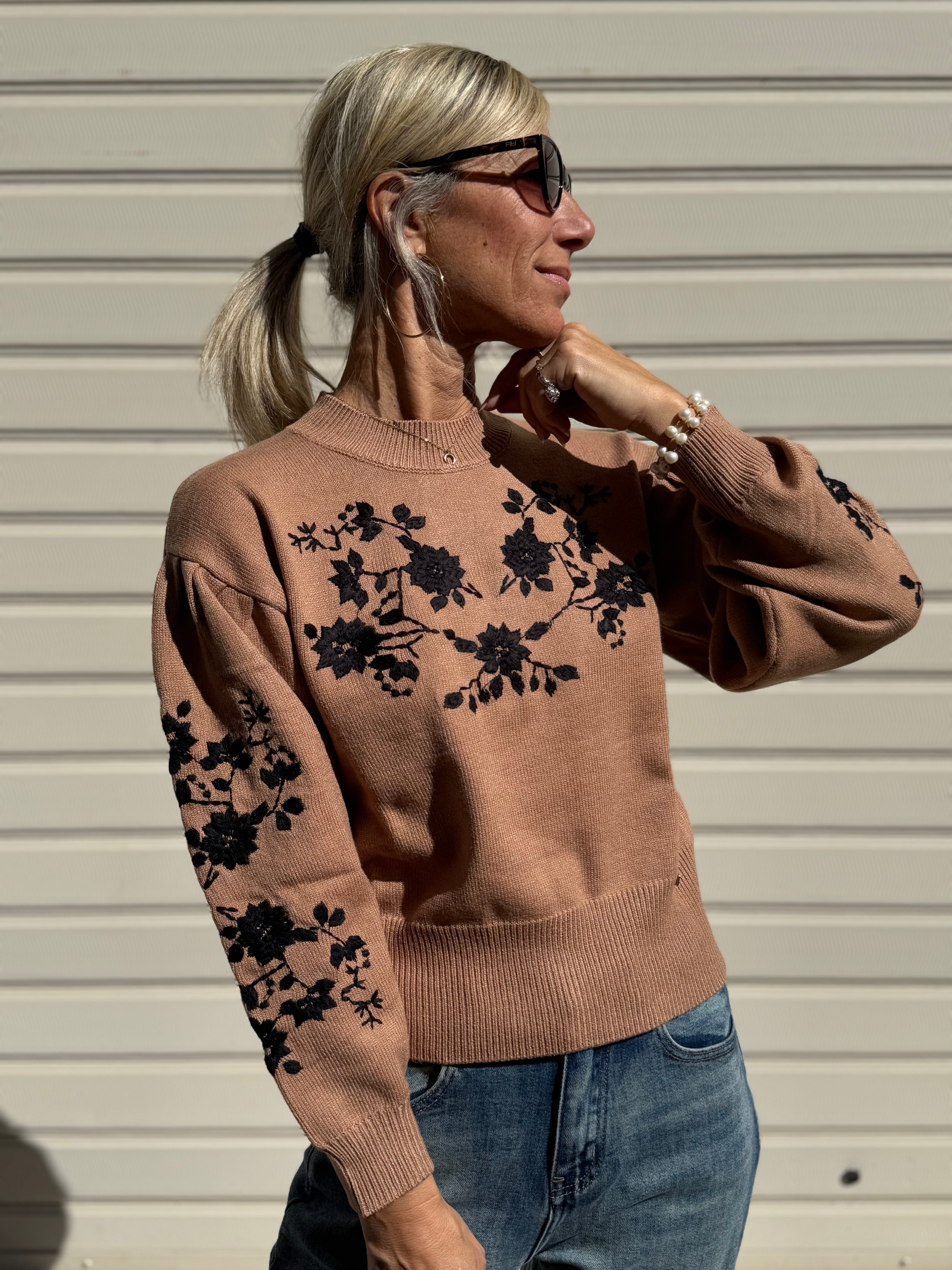 Maglia girocollo ricamo fiori