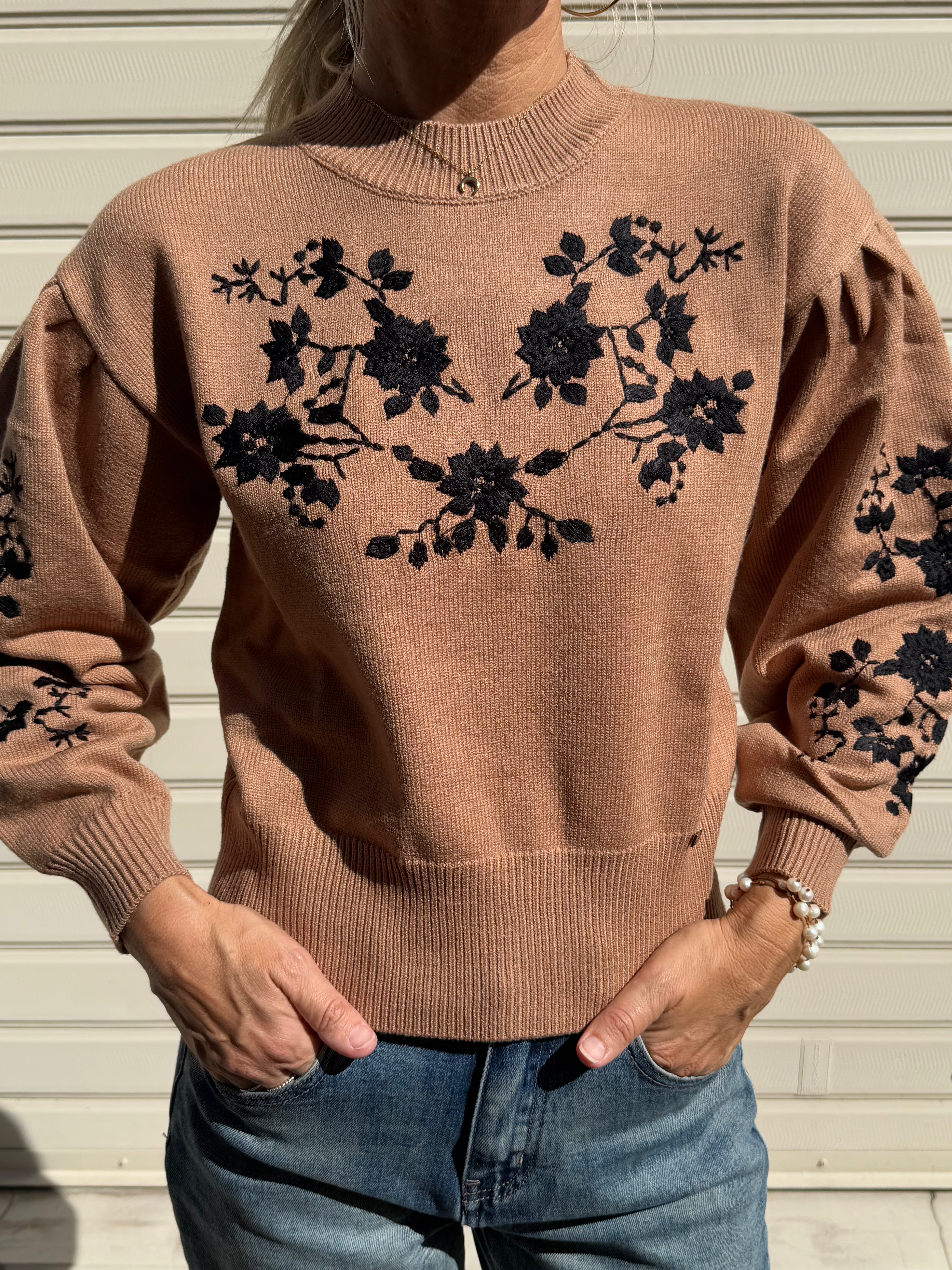 Maglia girocollo ricamo fiori