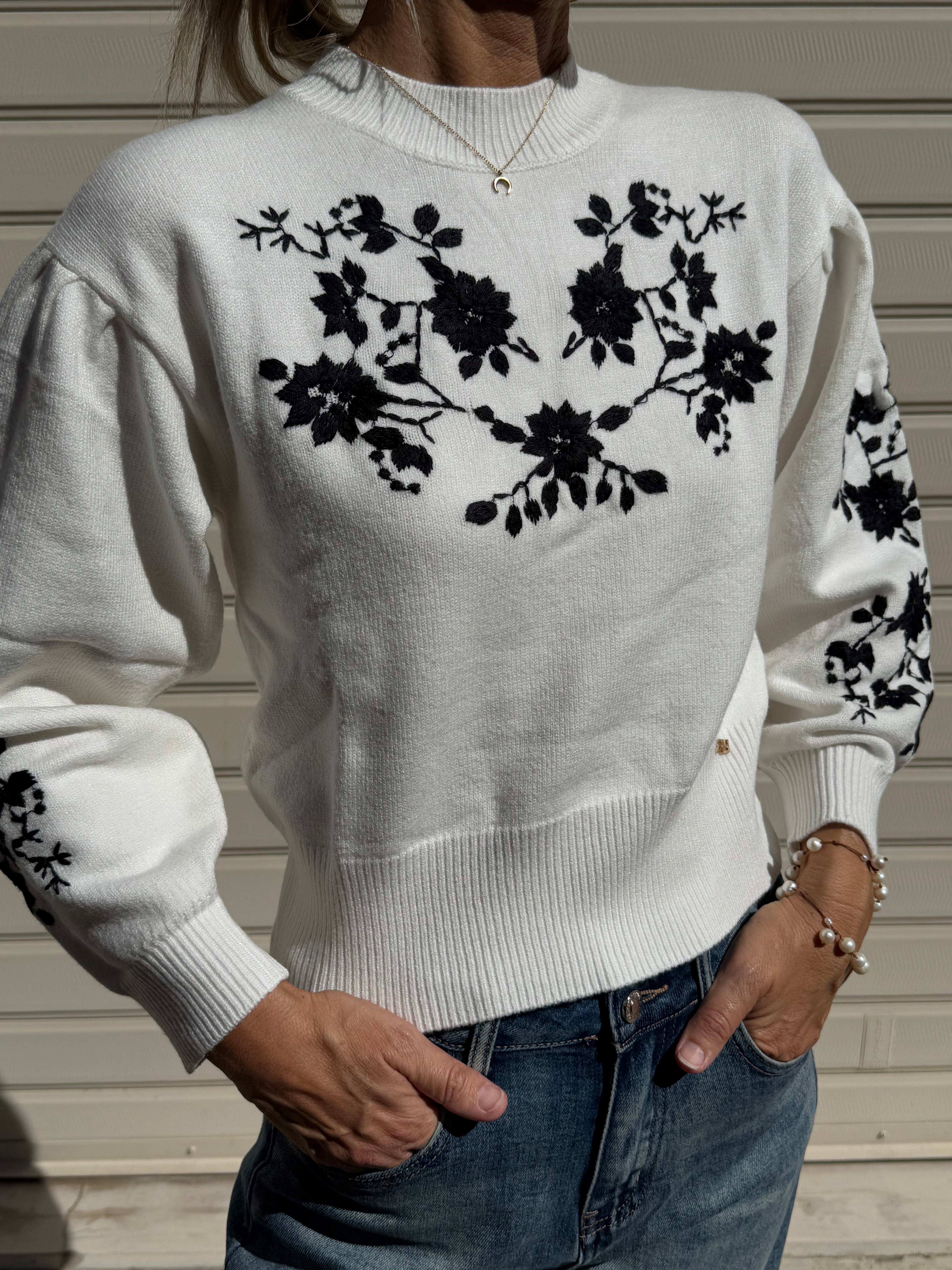 Maglia girocollo ricamo fiori